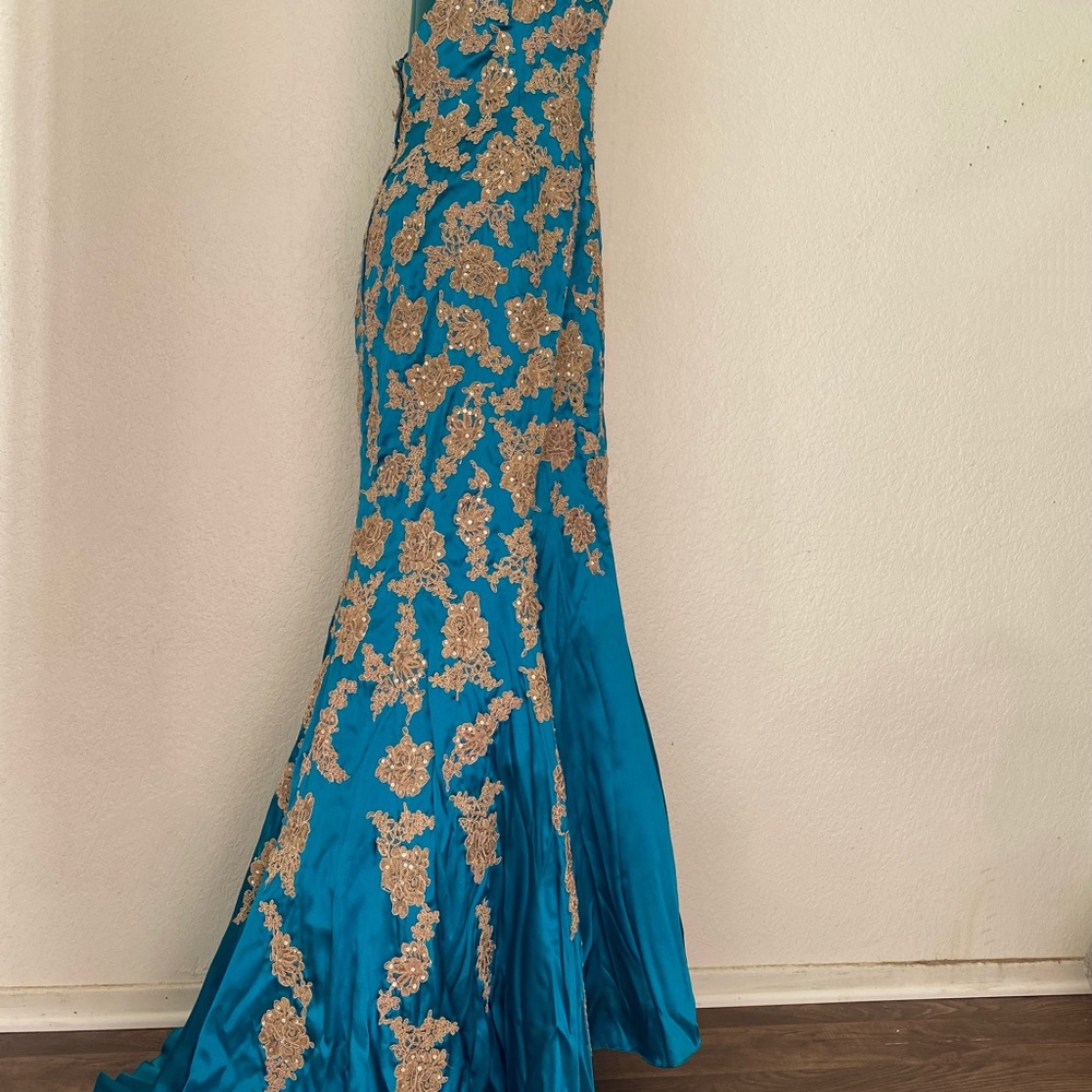 **Jovani Sweetheart Turquoise Lace Satin Mermaid Evening Gown 14 - Picture 5 of 8